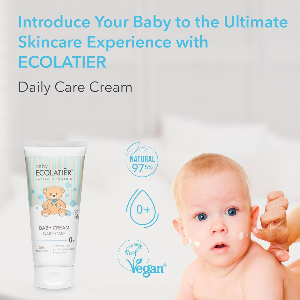 Protective Baby Daily Care Cream Ecolatier, Olive & Chamomile Extracts With Bisabolol, 98% Natural, Vegan - Hydrates, And Supports Healthy Skin - 3.4 Fl Oz