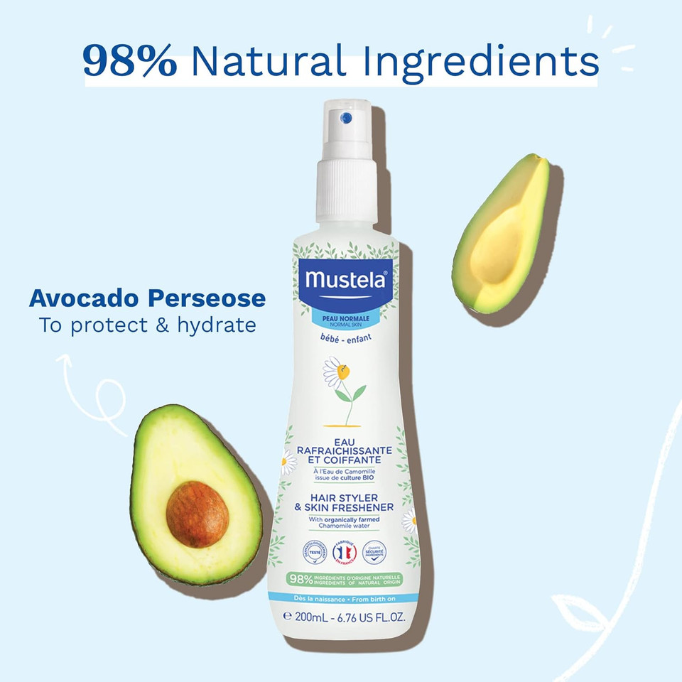 Mustela Baby Hair Styler & Skin Freshener - With Natural Avocado & Chamomile Water - Vegan & Hypoallergenic - 6.76 Fl. Oz