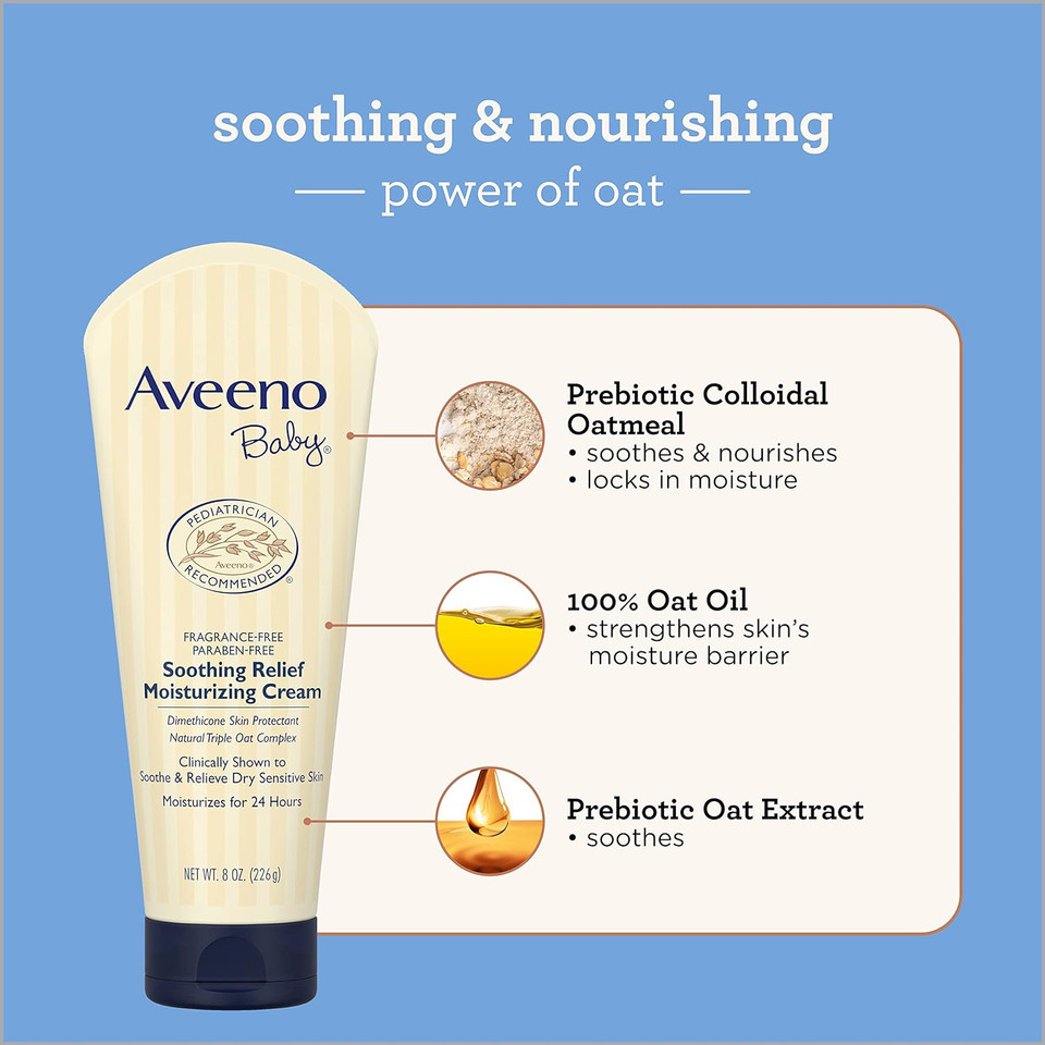 Aveeno Baby Soothing Relief Moisturizing Cream With Natural Oat Complex & Dimethicone, Hypoallergenic Baby Cream To Soothe & Relieve Dry, Sensitive Skin, Fragrance- & Paraben-Free, 8 Oz