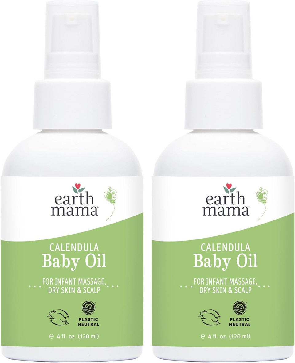Earth Mama Calendula Baby Oil | Massage Oil For Newborn Skin Care, Dry Skin & Scalp Moisturizer, Fragrance Free, 4-Fluid Ounce (2-Pack)