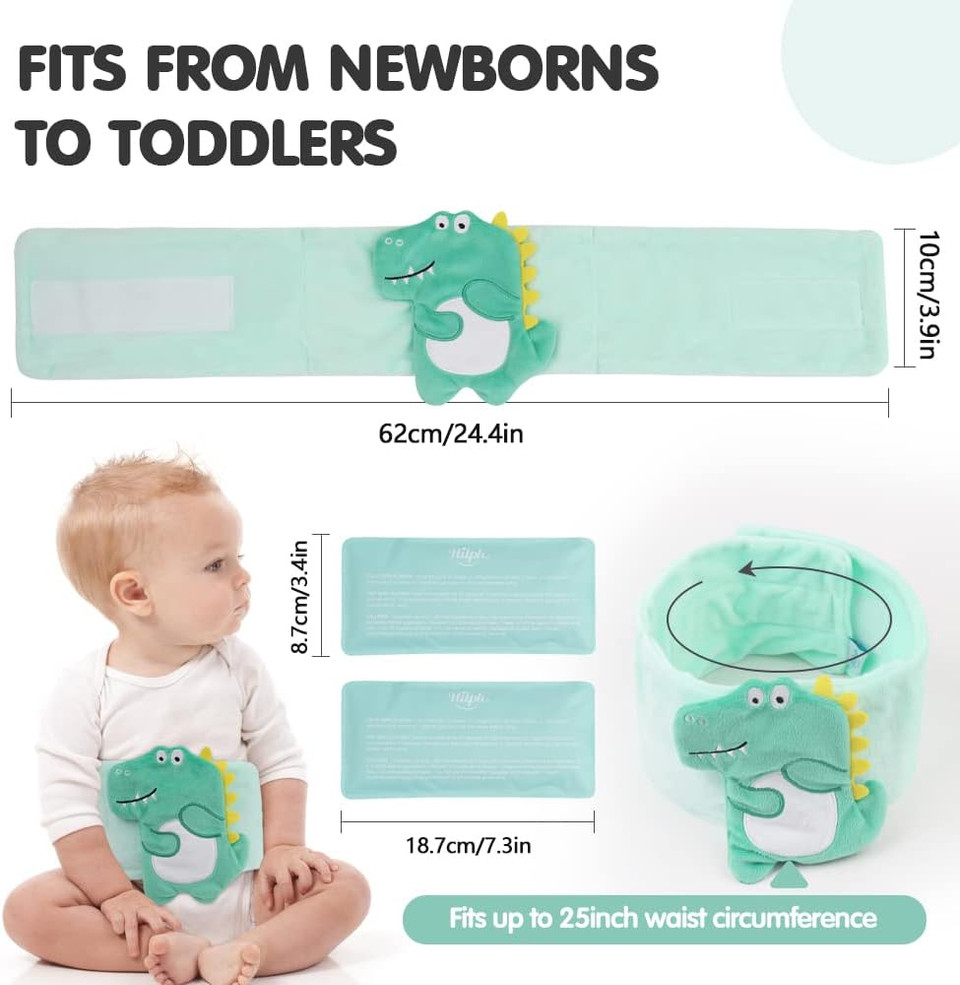 Hilph Baby Colic, Gas And Upset Stomach Relief, Heated Warmer Tummy Wrap With 2 Gel Packs For Newborns And Infants, Baby Heating Pad Swaddling Belt Natural Relief (Green Dinosaur)
