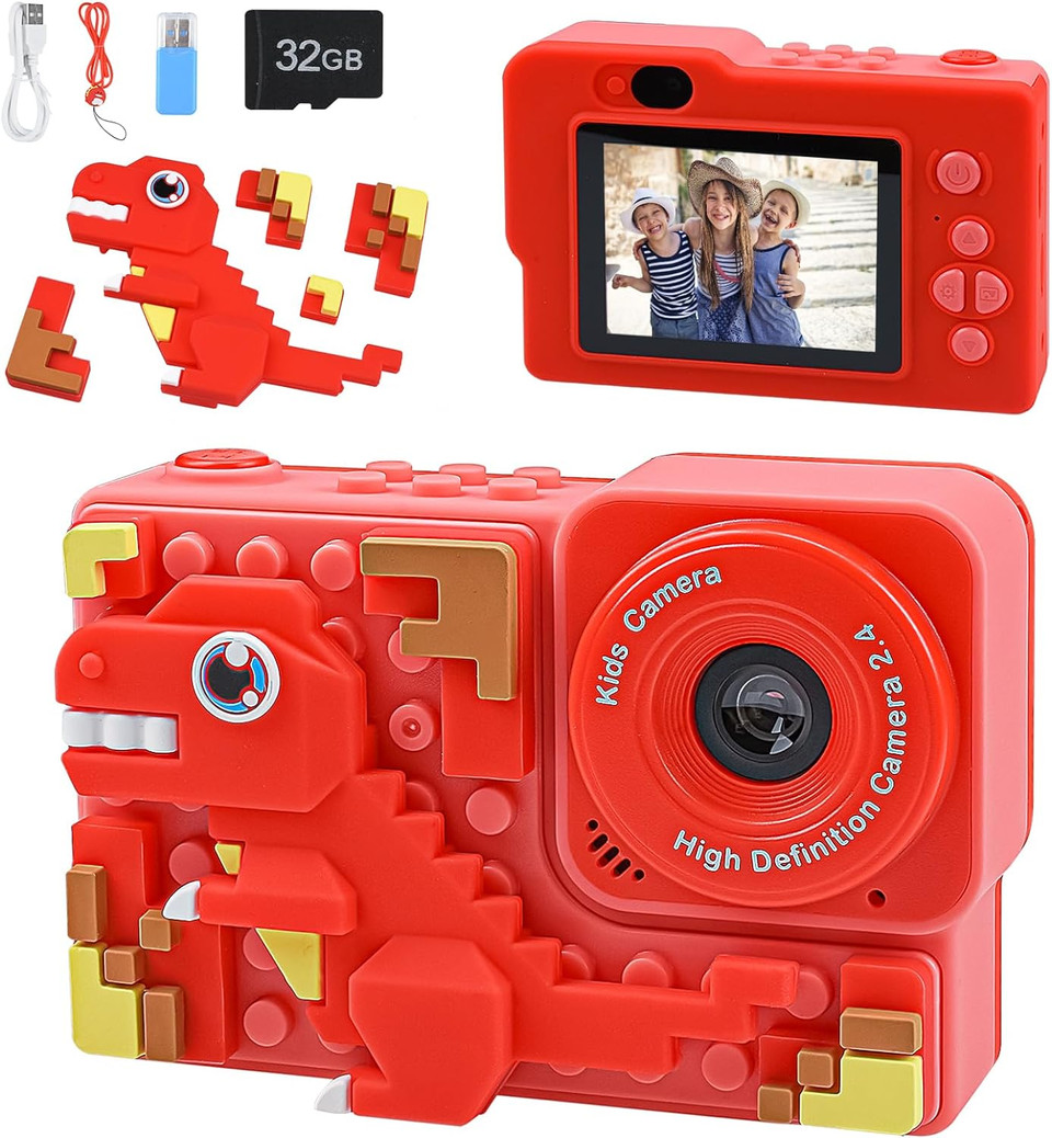 Kids Camera For Boys And Girls, Children Digital Video Toy Camera With Dinosaur Silicone Building Blocks, Selfie Camera For Kids, Christmas Birthday Festival Gifts For Age Above 6 With 32Gb Sd Card