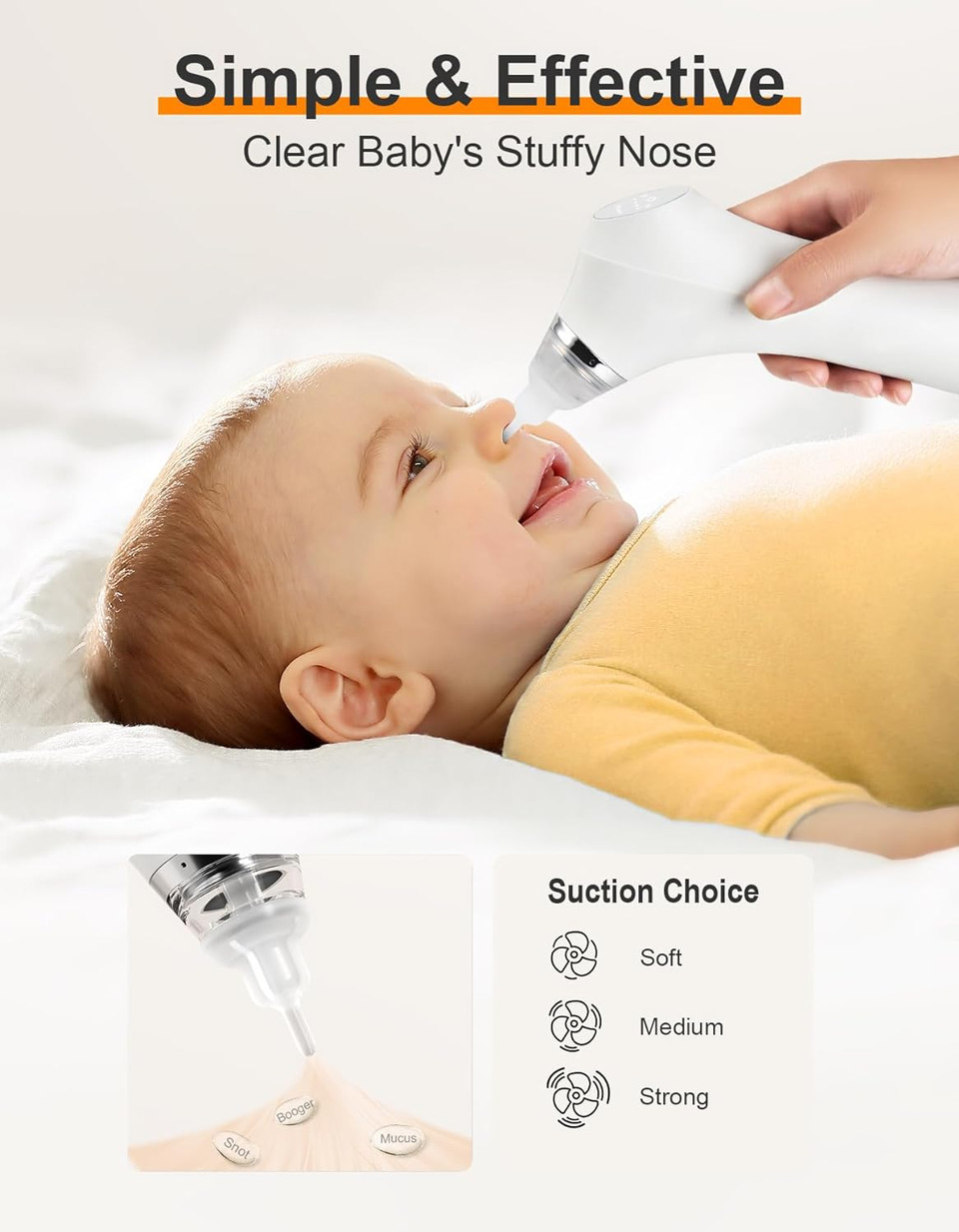 Nasal Aspirator For Baby, Adjustable 3-Level Suction Electric Baby Nasal Aspirator, Safe And Gentle Baby Nose Sucker With Music And 3 Different Food Grade Silicone Nose Suction Nozzles