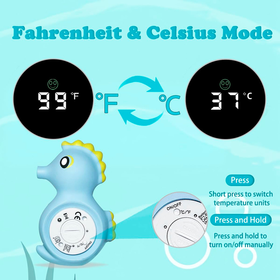 Baby Bath Thermometer Safety, Auto ON/Off Waterproof Bathtub Thermometer, Digital Shower Water Temperature Sensor, Bathtub Floating Toy, Seahorse