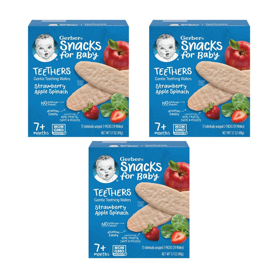 Gerber Snacks For Baby Teethers, Strawberry Apple Spinach, Gentle Teething Wafers, Non-Gmo Ingredients, 12 Individually Wrapped 2-Packs/Box (Pack Of 3 Boxes)