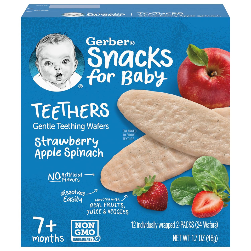 Gerber Snacks For Baby Teethers, Strawberry Apple Spinach, Gentle Teething Wafers, Non-Gmo Ingredients, 12 Individually Wrapped 2-Packs/Box (Pack Of 3 Boxes)