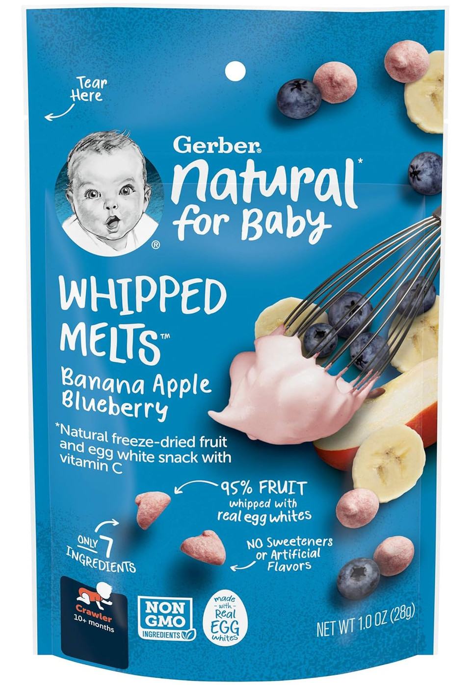 Gerber Natural For Baby Whipped Melts Baby Snack, Banana Apple Blueberry, Natural Freeze-Dried Fruit & Egg White Snack With Vitamin C, 1.0 Oz Resealable Pouch (Pack Of 3) Gerber Natural For Baby Whipped Melts Baby Snack, Banana Apple Blueberry, Natural Freeze-Dried Fruit & Egg White Snack With Vitamin C, 1.0 Oz Resealable Pouch (Pack Of 3)