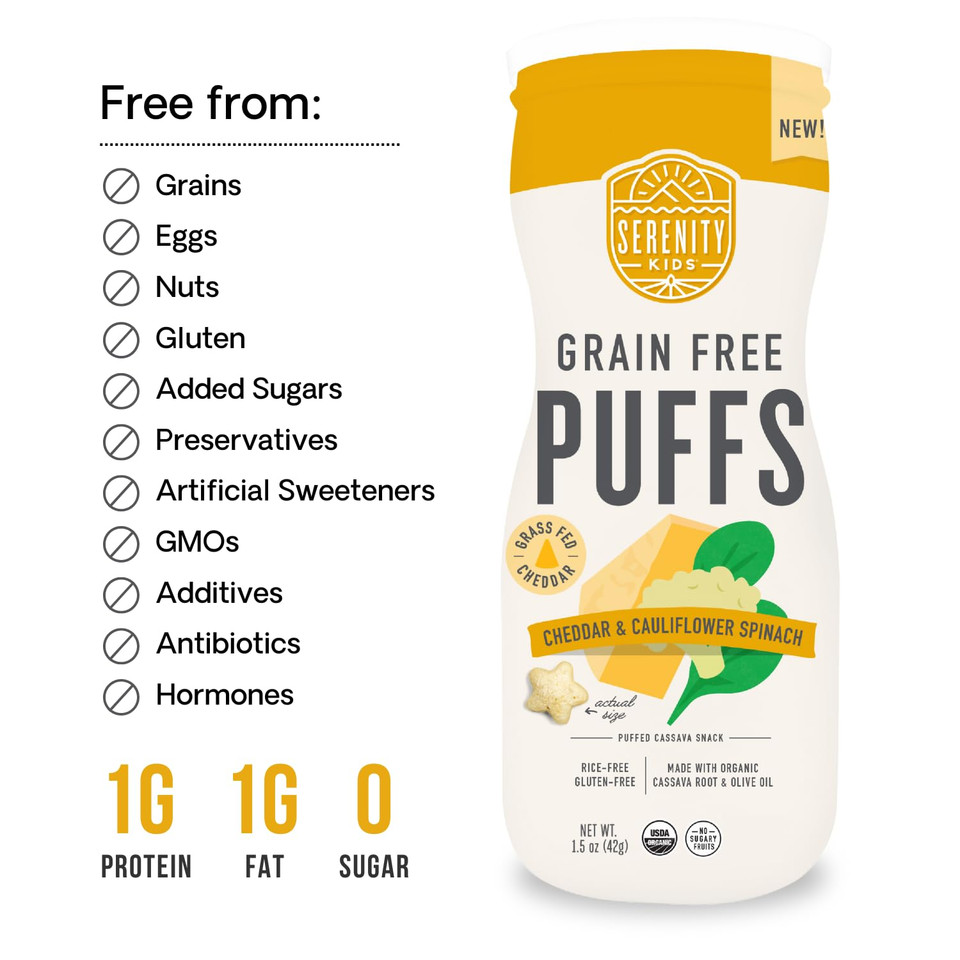 Serenity Kids 6+ Months Grain Free Puffs Toddler & Baby Snack | No Added Sugar, Gluten & Rice Free, Allergen Free | Made With Organic Cassava, Veggies, & Herbs | White Cheddar & Cauliflower | 1 Count