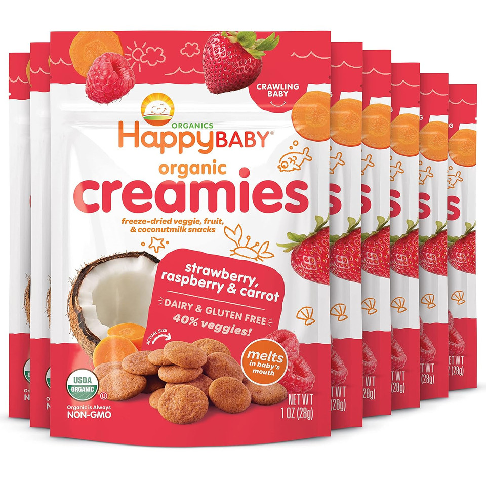 Happy Baby Organic Creamies Freeze-Dried Veggie & Fruit Snacks With Coconut Milk Strawberry Raspberry & Carrot, 1 Ounce (Pack Of 8)