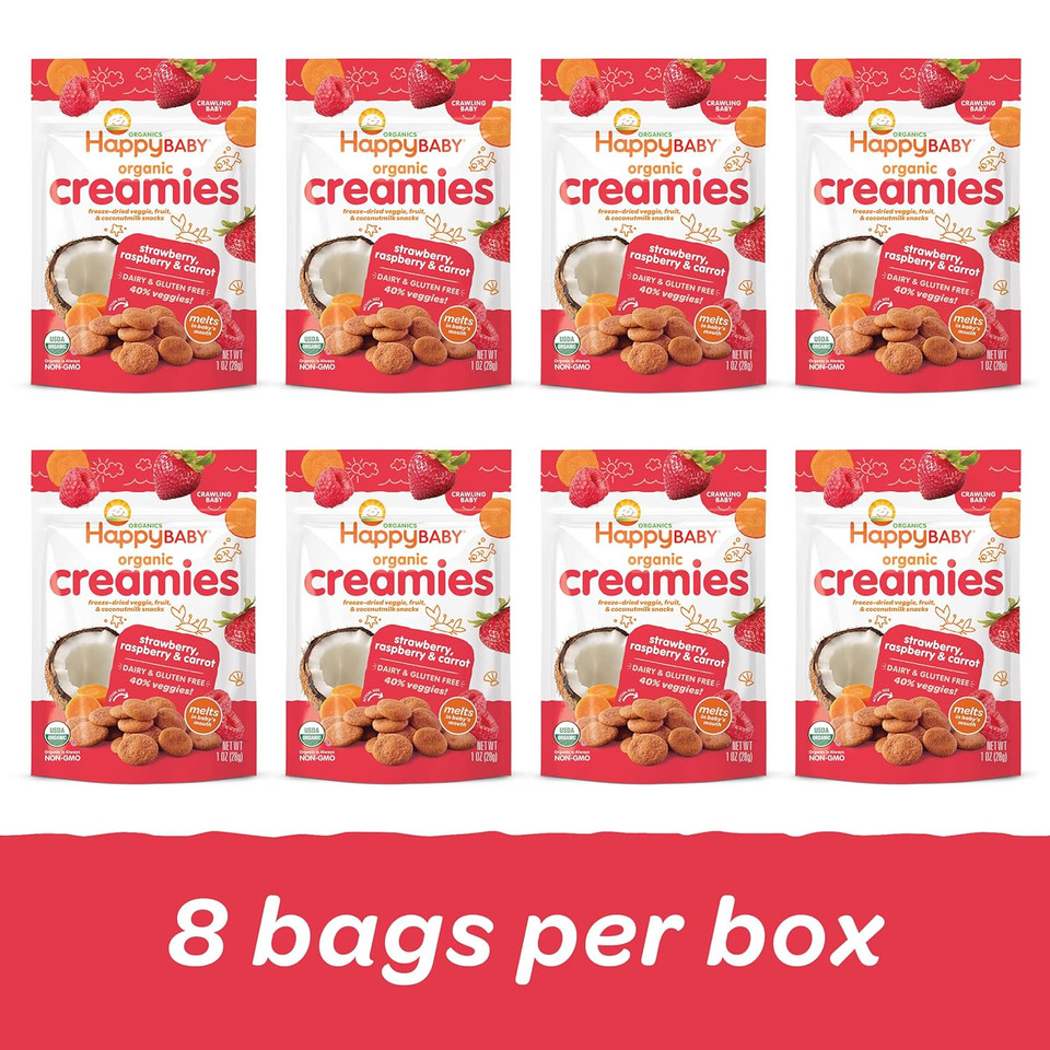 Happy Baby Organic Creamies Freeze-Dried Veggie & Fruit Snacks With Coconut Milk Strawberry Raspberry & Carrot, 1 Ounce (Pack Of 8)