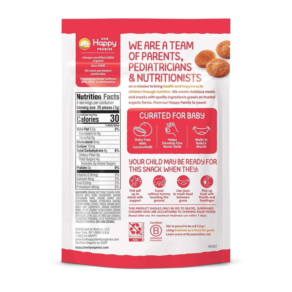 Happy Baby Organic Creamies Freeze-Dried Veggie & Fruit Snacks With Coconut Milk Strawberry Raspberry & Carrot, 1 Ounce (Pack Of 8)