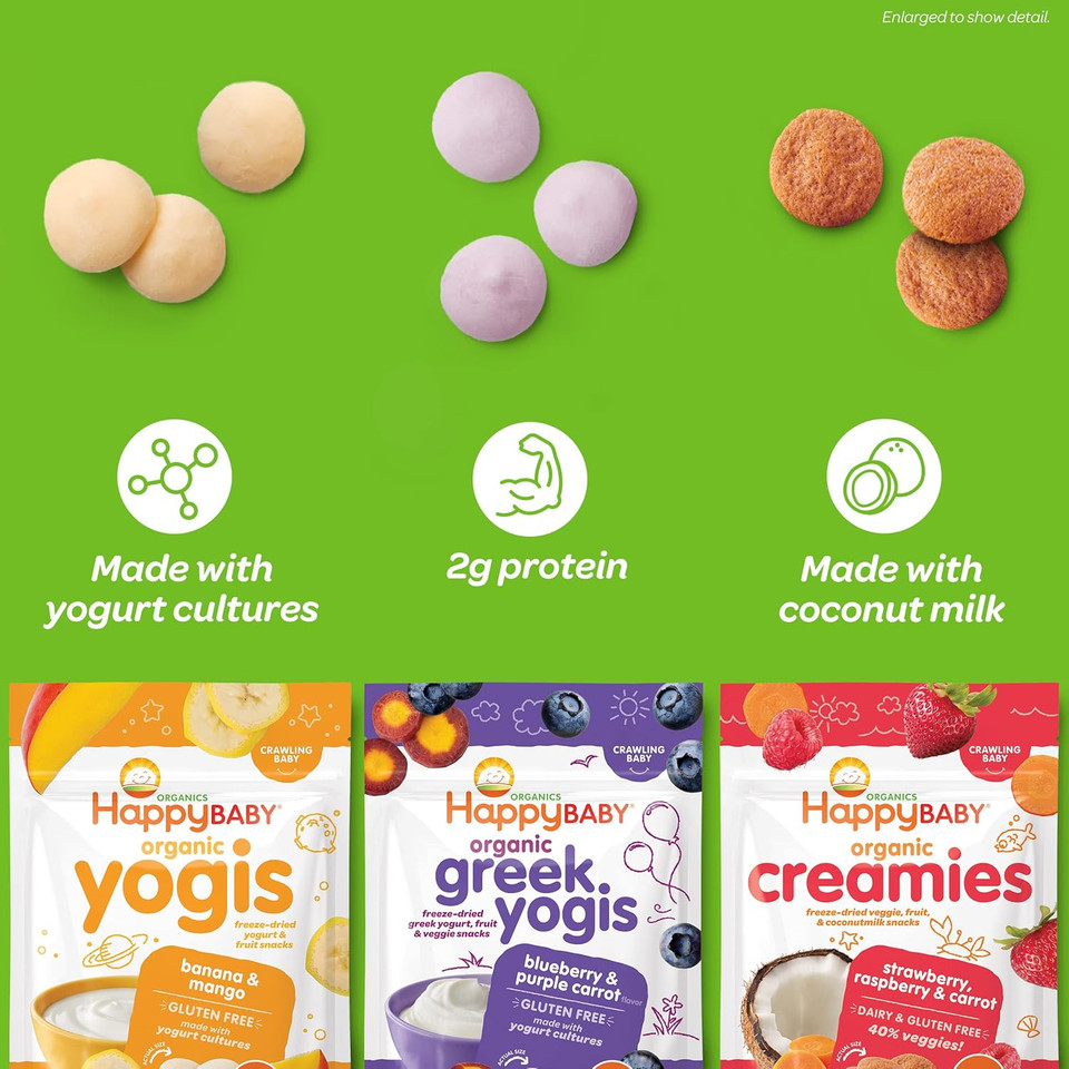Happy Baby Organic Creamies Freeze-Dried Veggie & Fruit Snacks With Coconut Milk Strawberry Raspberry & Carrot, 1 Ounce (Pack Of 8)