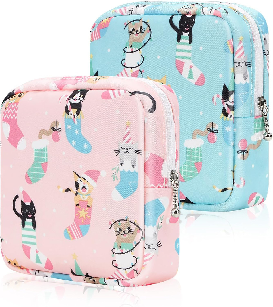 Desing Wish Period Bag Sanitary Napkin Storage Bag For Feminine Pads Panty Liners Tampons And Reusable Pads, Sanitary Pads Pouches First Period Kit For Teen Girls/Women 2 Pack (Pink/Blue Socks Cats)