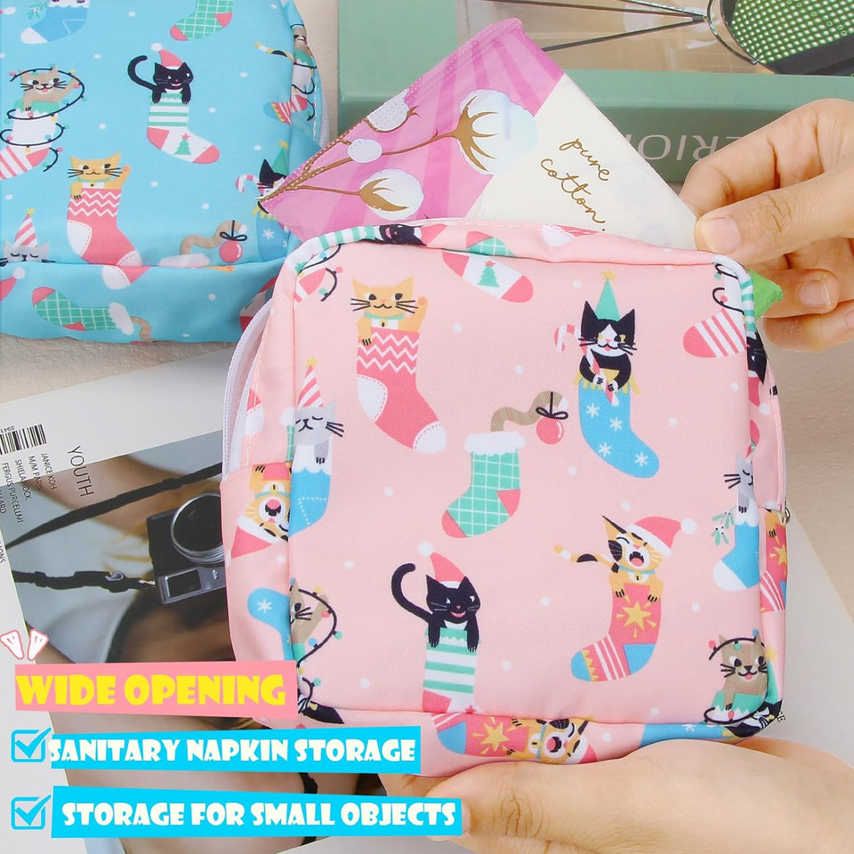 Desing Wish Period Bag Sanitary Napkin Storage Bag For Feminine Pads Panty Liners Tampons And Reusable Pads, Sanitary Pads Pouches First Period Kit For Teen Girls/Women 2 Pack (Pink/Blue Socks Cats)