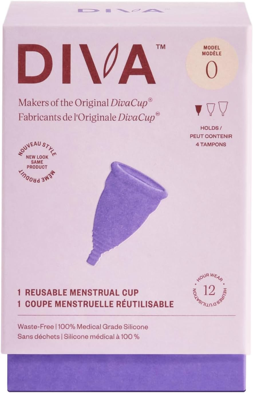 Diva Cup & Shaker - Medical Grade Silicone Cup For Period Care - Reusable Menstrual Cup With Shaker For On-The-Go Cleansing - Wear Up To 12 Hours - Model 0 (Slim Vaginal Canals & First-Time Users)