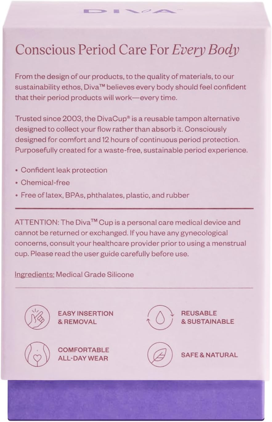 Diva Cup & Shaker - Medical Grade Silicone Cup For Period Care - Reusable Menstrual Cup With Shaker For On-The-Go Cleansing - Wear Up To 12 Hours - Model 1 (For Medium To Heavy Flow)