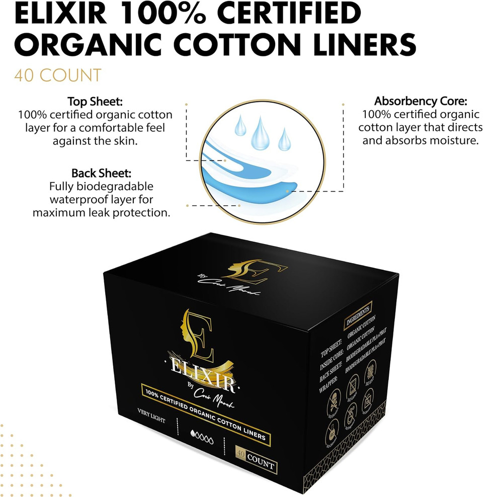 Organic Cotton Liners Certified Hypoallergenic Organic Cotton In All Layers Biodegradable Backing Free Of Chlorine & Chemicals Ultrathin - 40 Count - Elixir By Coco March For Sensitive Skin