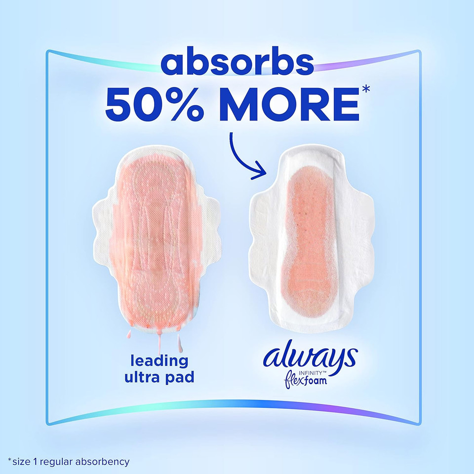 Always Infinity Feminine Pads For Women, Size 1 Regular Absorbency, With Wings, With Flexfoam, Unscented, 36 Count