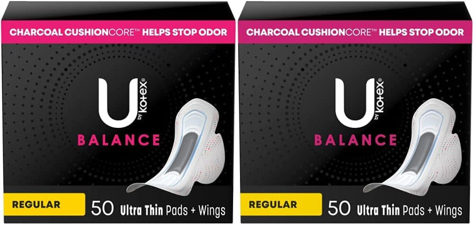 U By Kotex Balance Ultra Thin Pads With Wings, Regular Absorbency, 50 Count (Packaging May Vary) (Pack Of 2)