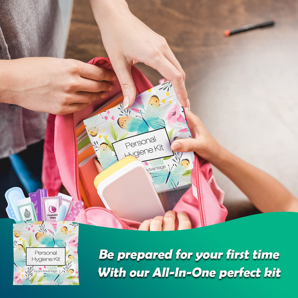 Menstrual Kit All-In-One | Convenience On The Go | Single Period Kit Pack For Travelling, Tweens & Teenagers | Individually Wrapped Feminine Hygiene Products (Butterflies) (Single)