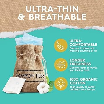 Tampon Tribe - Organic Cotton Day Pads With Wings For Women, Chemical-Free Breathable Sanitary Pads, Leak-Free Period Pads, Sustainable Non-Toxic Sanitary Napkins, 60 Thin Pads