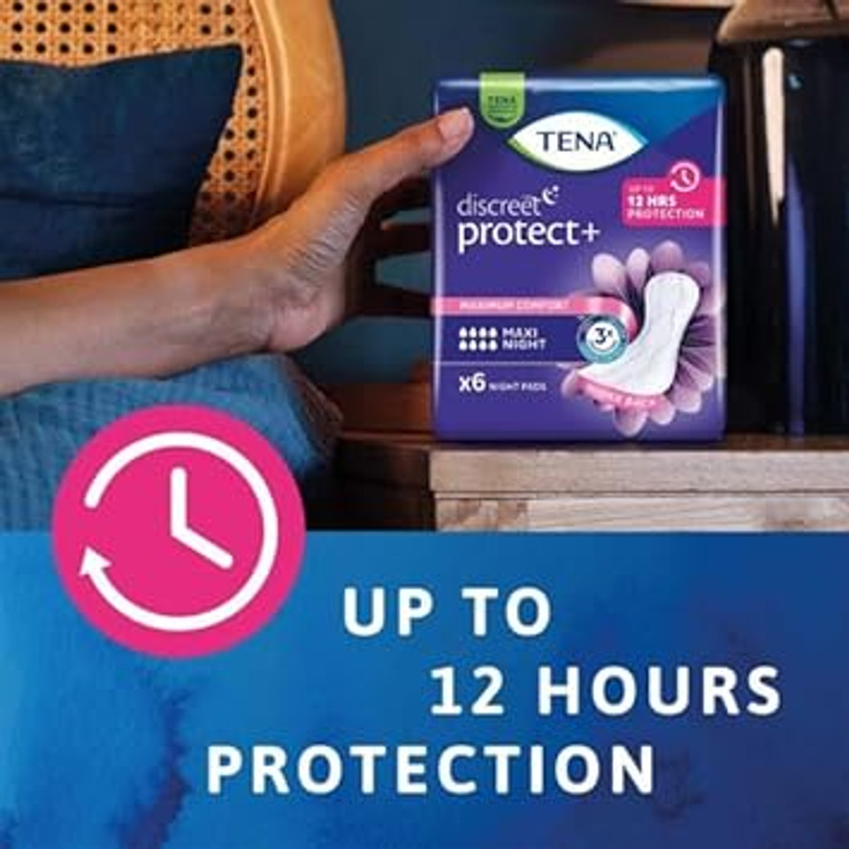 Tena Lady Discreet Protect+ Maxi Night - 12 Packs of 6 - Total 72 Pads