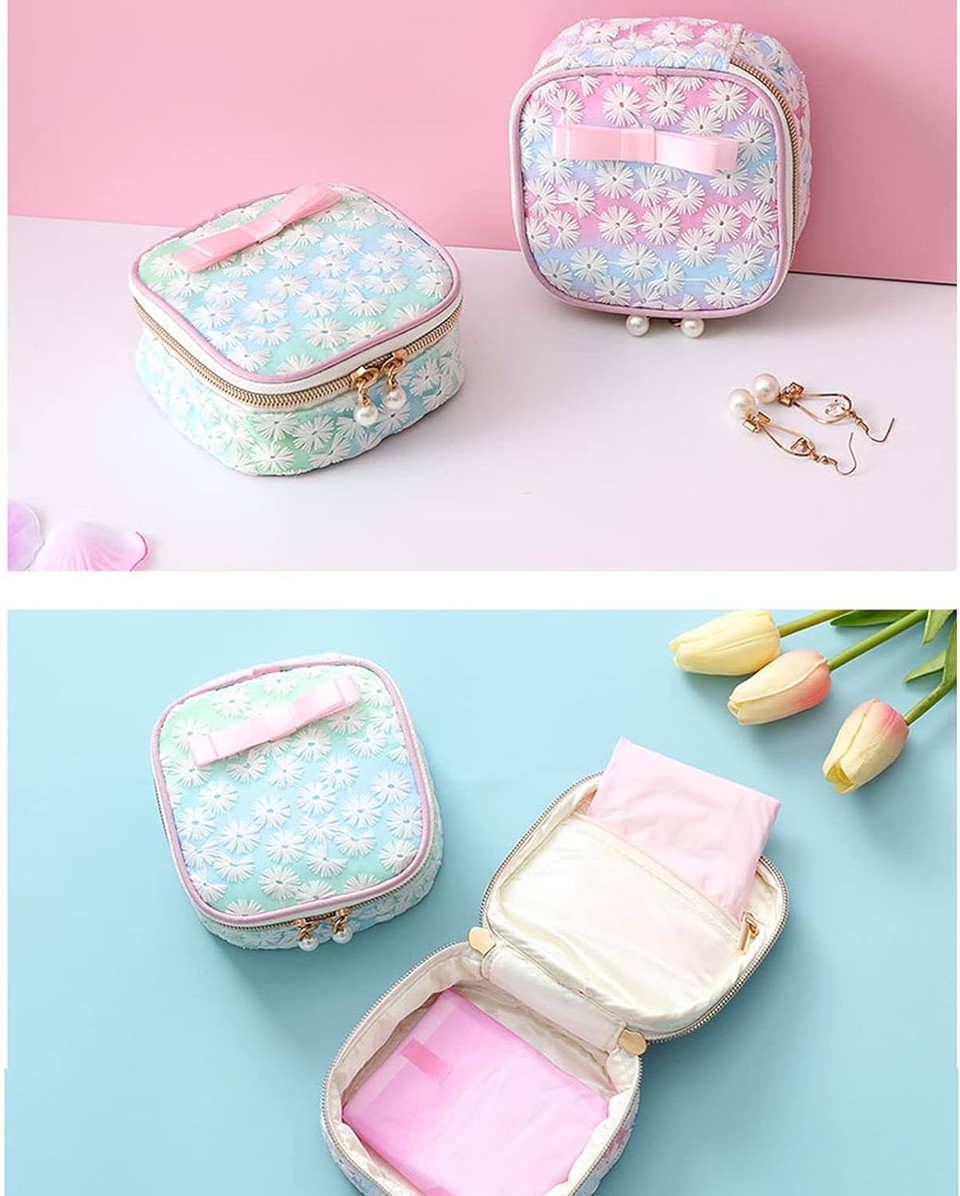 Sanitary Napkin Storage Bag,Portable Menstrual Cotton Pad Storage Holder,Travel Menstrual Period Sanitary Pouch Tampons Bag Suit For Lace Pearl Decoration Women'S Personal Item Coin Purse, Makeup(2Pc)