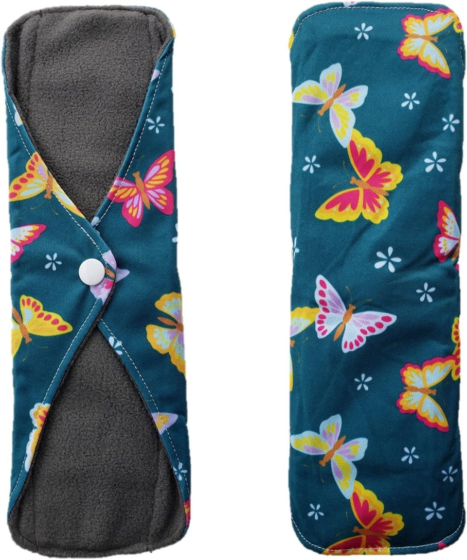 Aslana 6-Pack Reusable Cloth Menstrual Pads Sanitary Napkins Pantiliners For Light, Medium And Heavy Flow (M, 03 Poly Teal Butterfly)
