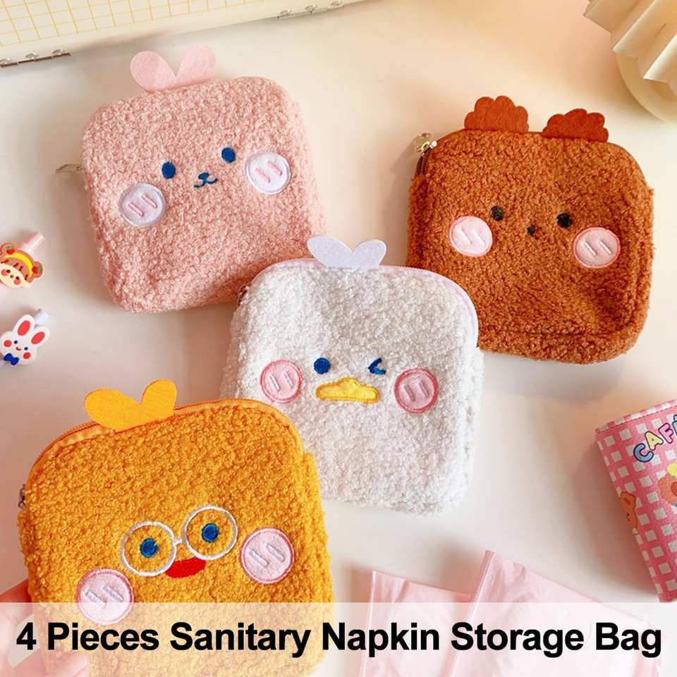 4Pcs Sanitary Napkin Storage Bag, Cute Menstrual Cup Pouch, Cartoon Nursing Pad Holder, Portable Period Bag With Zipper, Menstrual Pad Bag For Women, Girls, Tampons, Makeup, Coin(6X6 In)