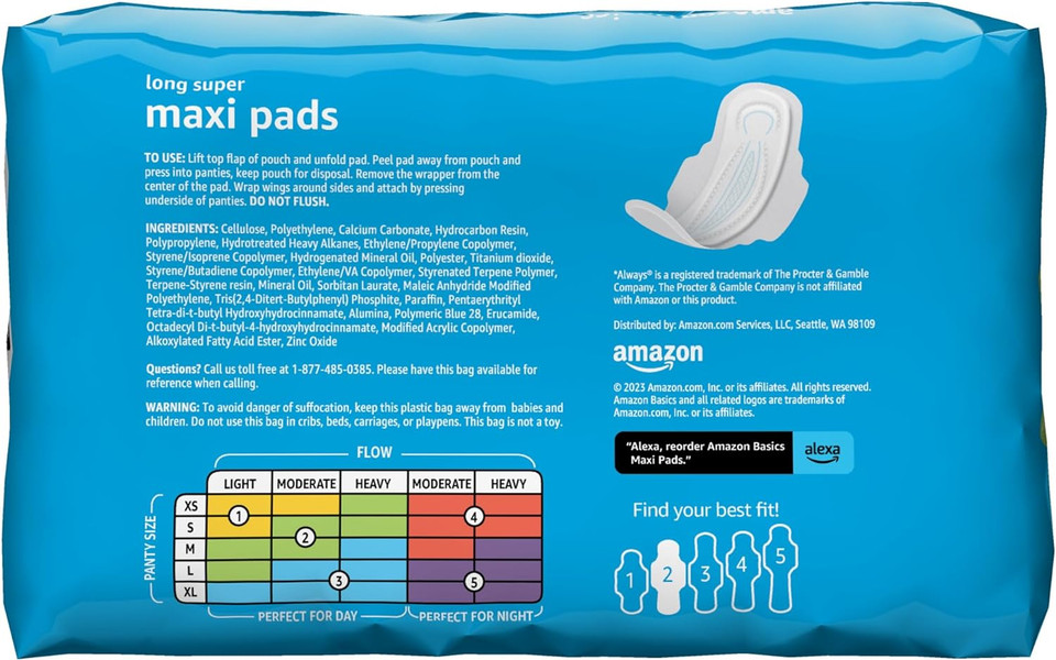 Amazon Basics Thick Maxi Pads With Flexi-Wings For Periods, Long Length, Super Absorbency, Unscented, Size 2, 128 Count, 4 Packs Of 32 (Previously Solimo)