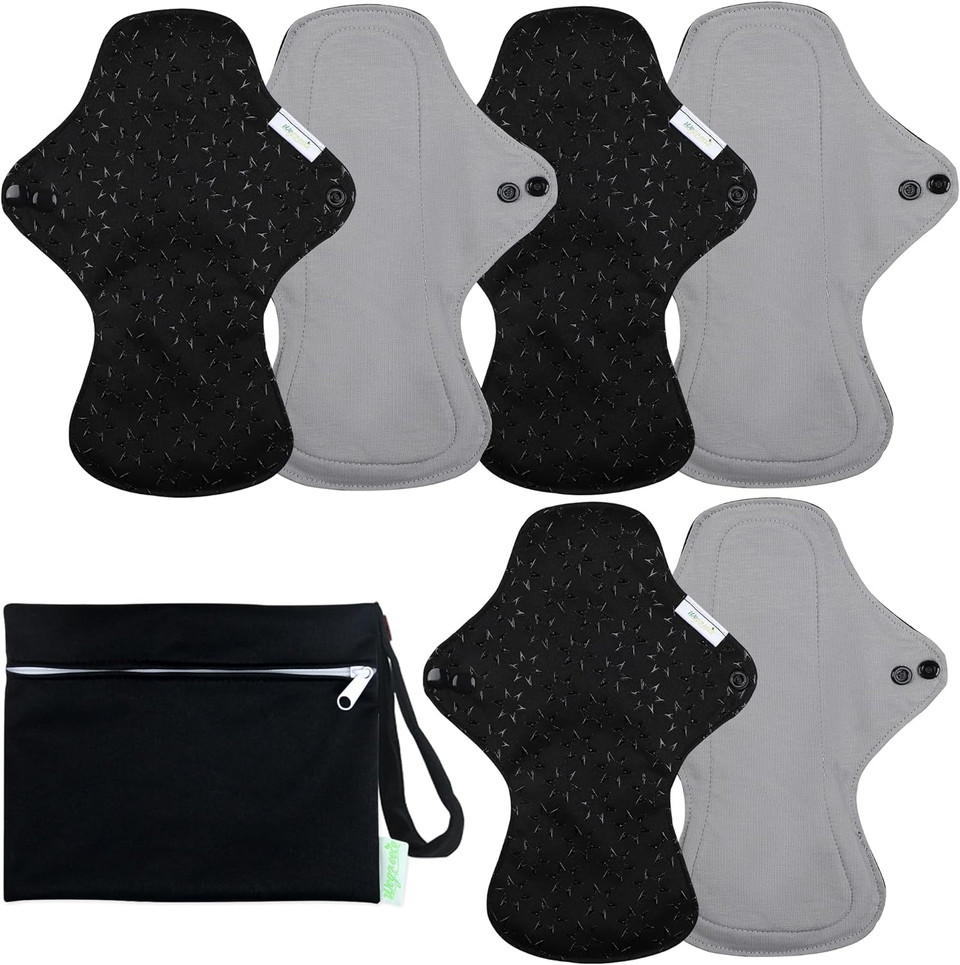 Wegreeco 6 Pcs Reusable Menstrual Pads, Ultra Absorbent Cloth Pads For Heavy Flow, Sanitary Pads For Teens, Women, Nonslip, Grey Inner, Black Outer, Medium