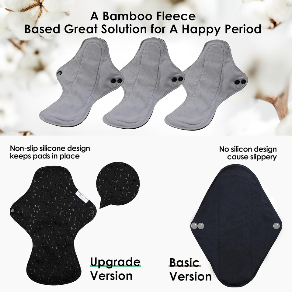 Wegreeco 6 Pcs Reusable Menstrual Pads, Ultra Absorbent Cloth Pads For Heavy Flow, Sanitary Pads For Teens, Women, Nonslip, Grey Inner, Black Outer, Medium