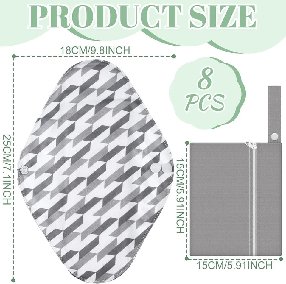 8 Pack Reusable Menstrual Pads Bulk Washable Sanitary Pads Cloth Menstrual Period Pads Panty Liners Incontinence Pads Sanitary Napkins With Wet Bag For Women Teen(Geometric Style)