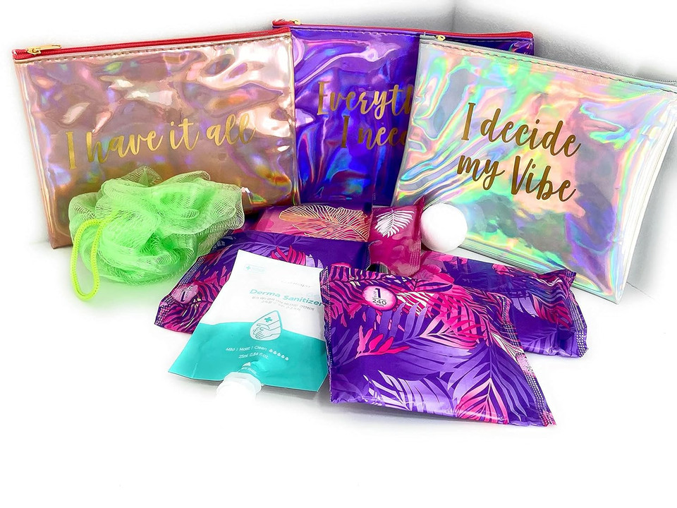 Generic Menstruation To Go First Period Kit For Tweens Teen Girls With Bonus Bath Items Cosmetic Pouch Bath Balm Loofa Sanitary Napkins Disposable Bags (Colors Varies), 11 Piece Set