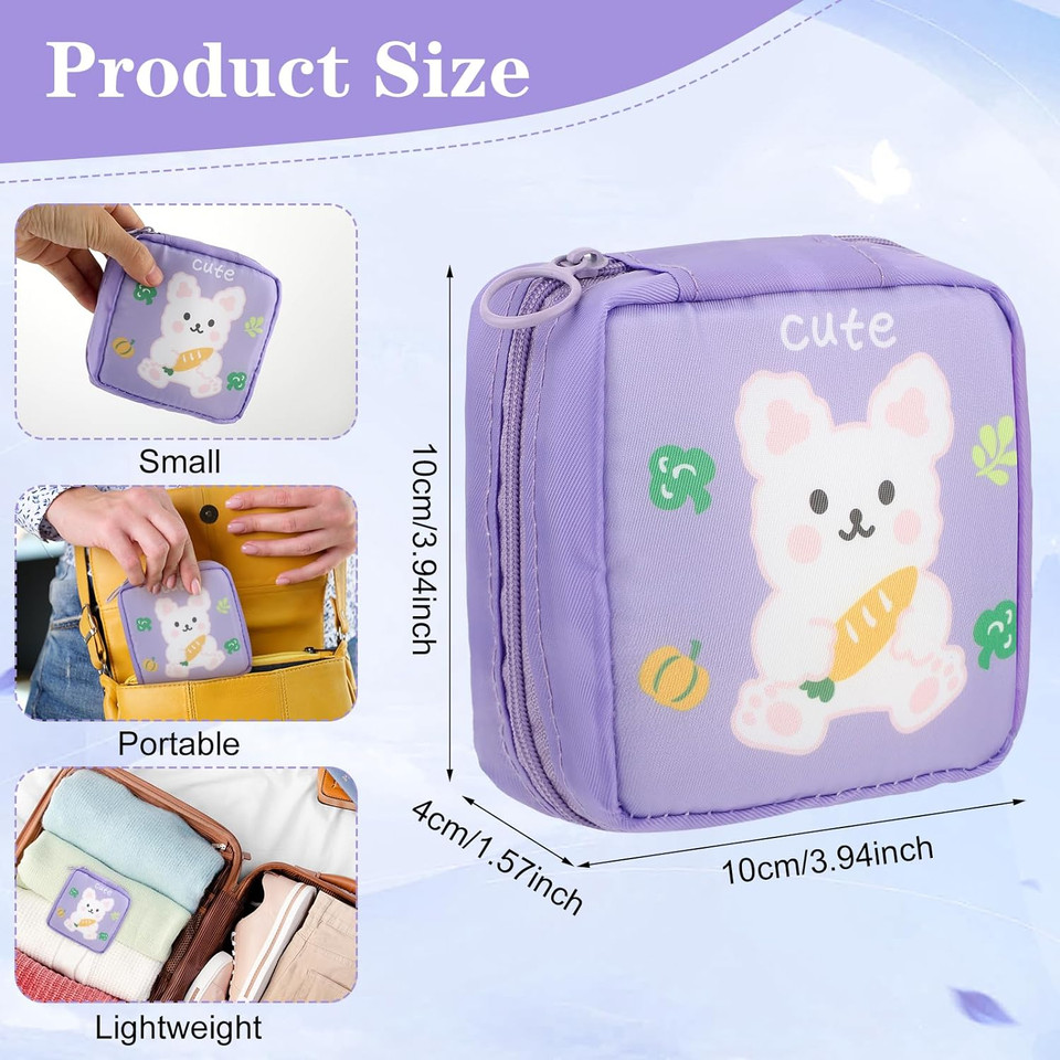 Cute Sanitary Napkin Storage Bag, 2Pcs Portable Period Holder Bag Cartoon Menstrual Pad Bag Kawaii Tampon Pad Holder Purse Pad Pouch With Zipper Suitable For Girls Women(Pink+Purple)