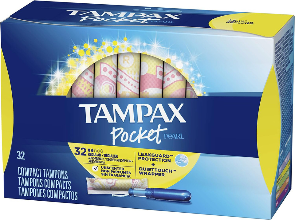 Tampax Pocket Pearl Tampons Regular Absorbency With Leakguard Braid, Unscented, 32 Count