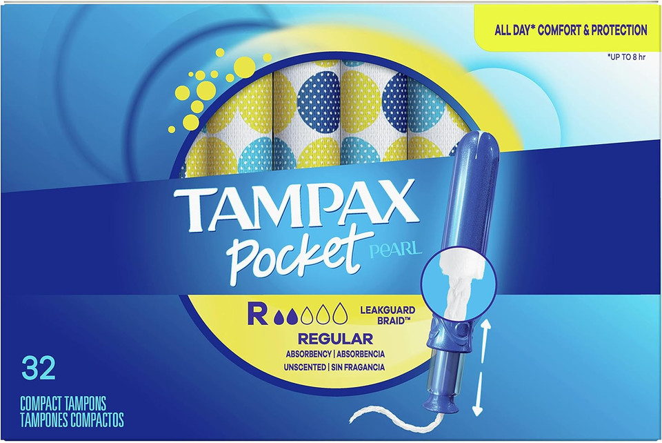 Tampax Pocket Pearl Compact Tampons Regular Absorbency With Bpa-Free Plastic Applicator And Leakguard Braid, Unscented, 32 Count(Pack Of 3)