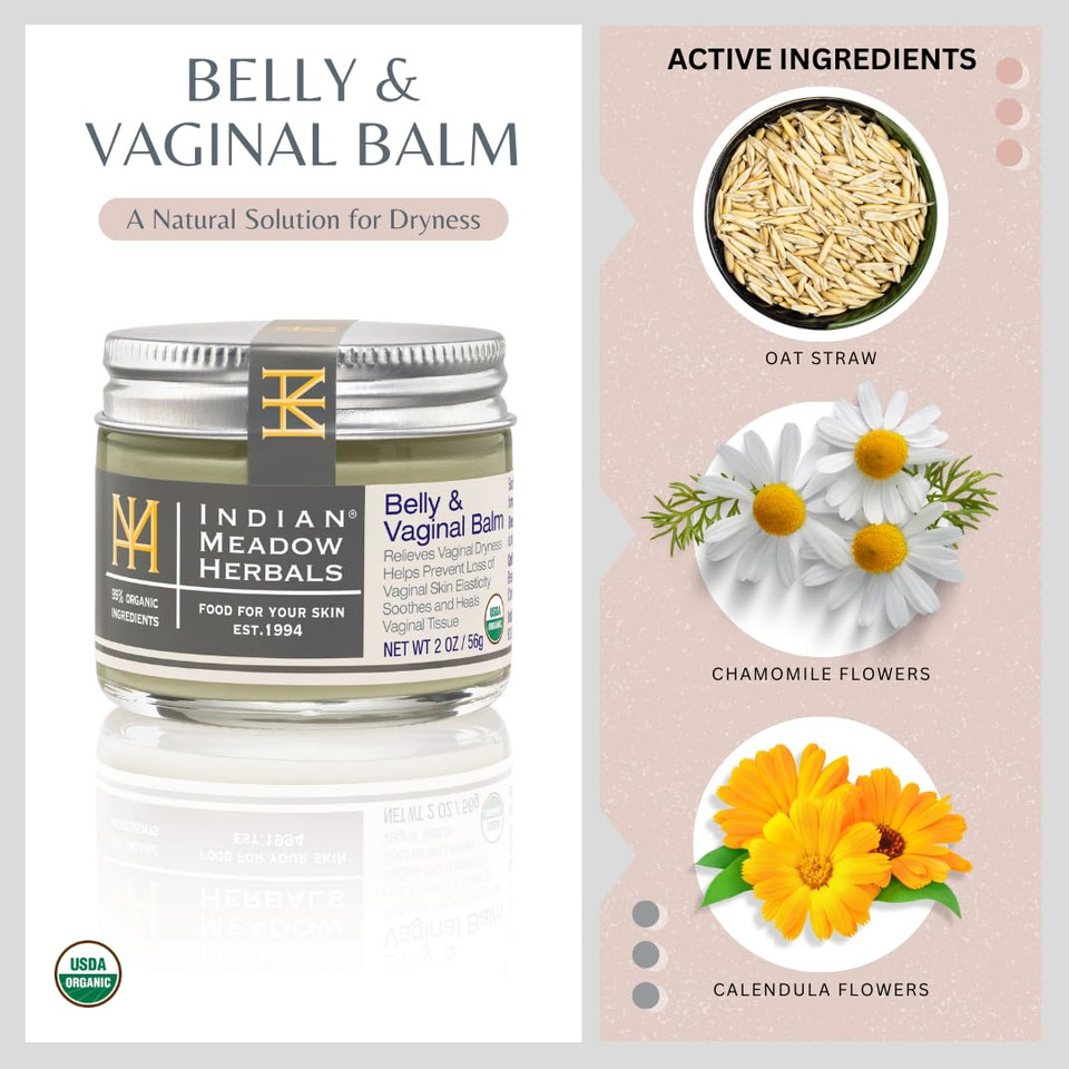 Indian Meadow Herbals Belly & Intimate Skin Balm (2 Oz.) - Dryness Relief For Women - Lubricating Skin Care Product Helps Maintain Skin Elasticity And Reduce Stretch Marks