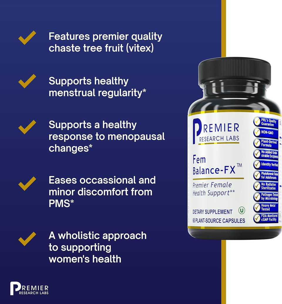 Premier Research Labs Fem Balance-Fx - Supports Menstrual Cycles & Regularity - With Chaste Tree Fruit, Alfalfa, Chinese Salvia & Turmeric - Daily Hormone Balance - Vegan - 60 Plant-Source Capsules