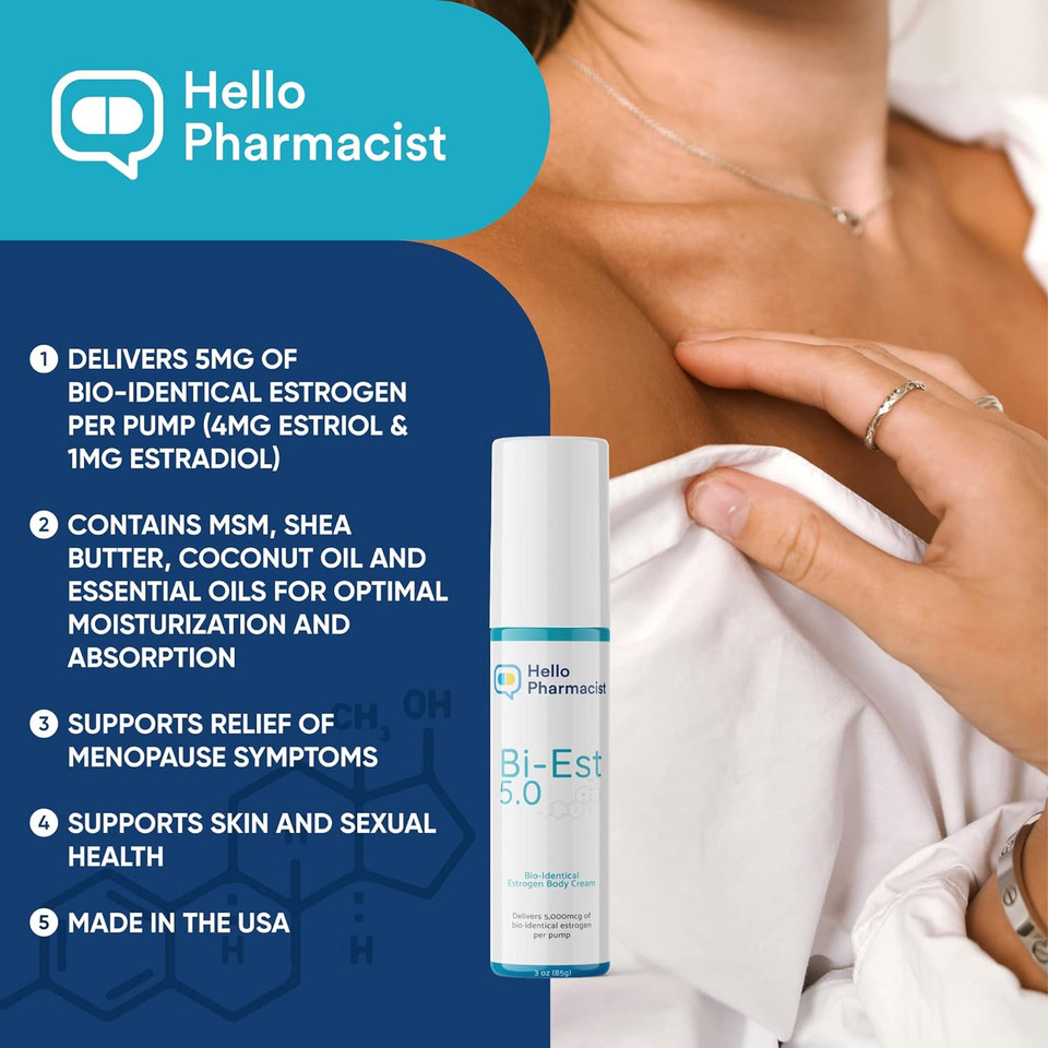 Natural Bioidentical Bi-Est 5.0 Estrogen Menopause Relief Cream For Women, 3 Oz - 5Mg Per Pump