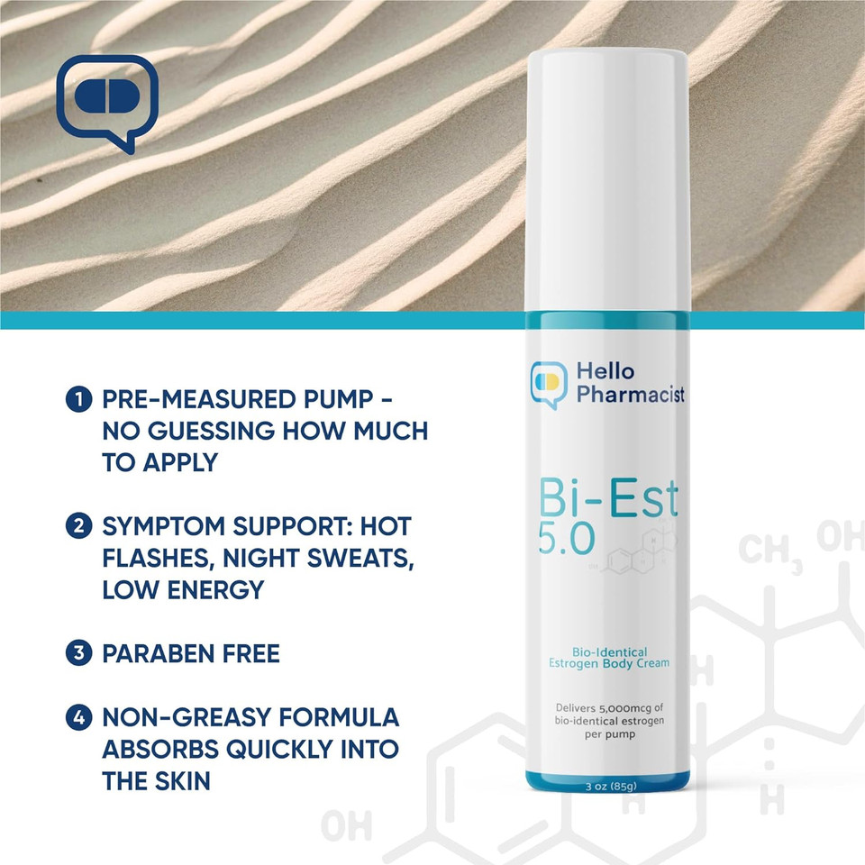 Natural Bioidentical Bi-Est 5.0 Estrogen Menopause Relief Cream For Women, 3 Oz - 5Mg Per Pump