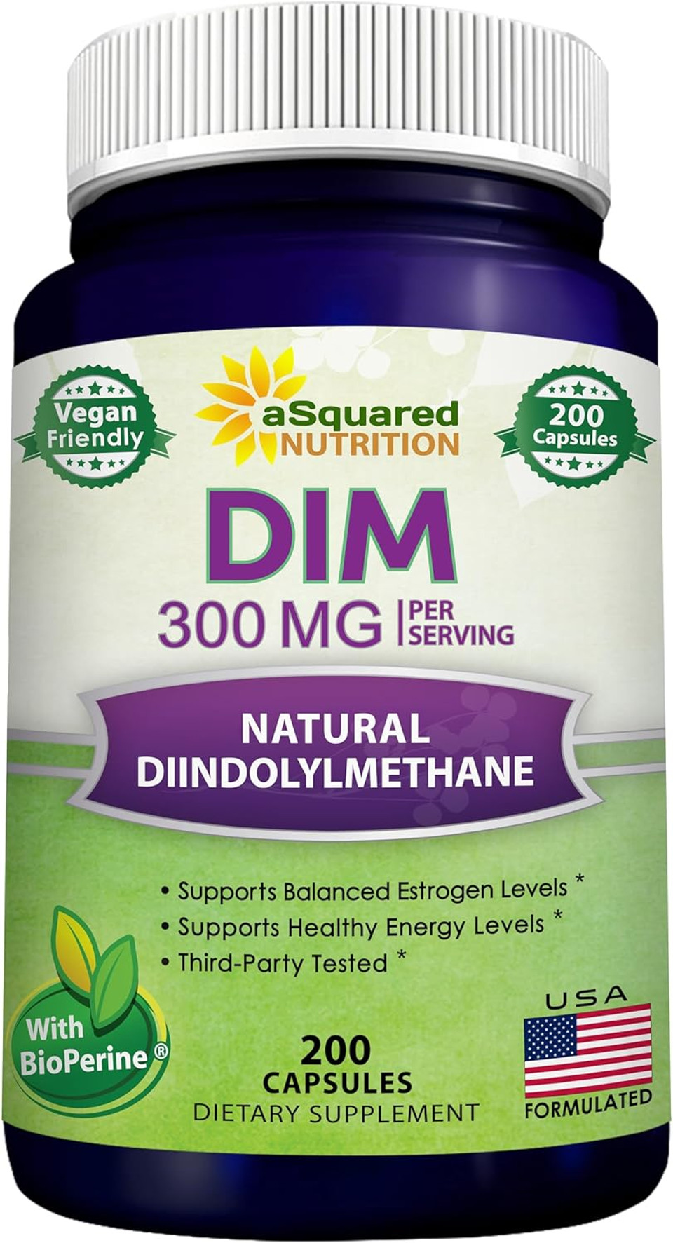 Asquared Nutrition Dim Supplement 300Mg Plus Bioperine - 200 Veggie Capsules - Diindolylmethane Dim Max Strength Pills To Support Estrogen Metabolism & Balance, Menopause Relief, Pcos, Hormonal Acne