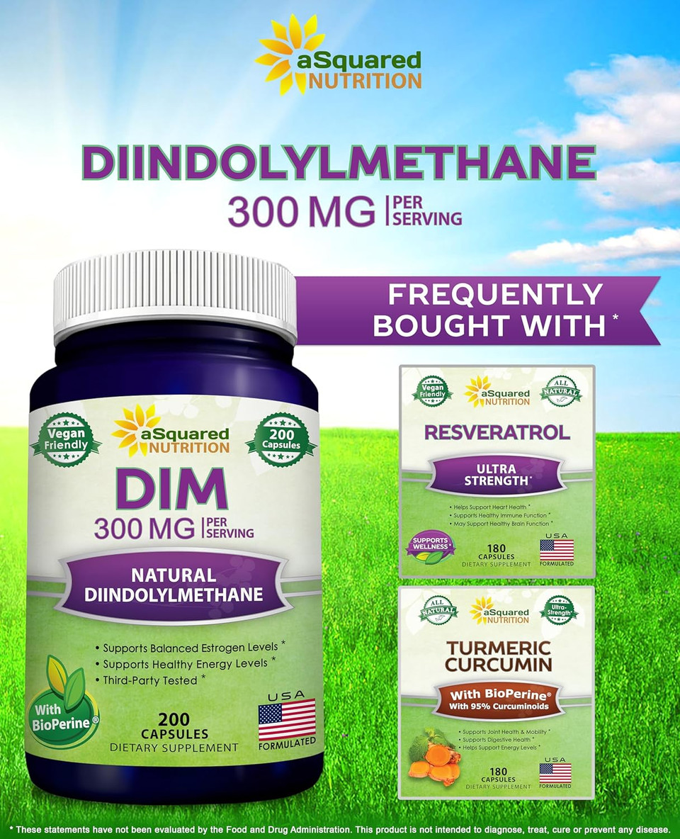Asquared Nutrition Dim Supplement 300Mg Plus Bioperine - 200 Veggie Capsules - Diindolylmethane Dim Max Strength Pills To Support Estrogen Metabolism & Balance, Menopause Relief, Pcos, Hormonal Acne