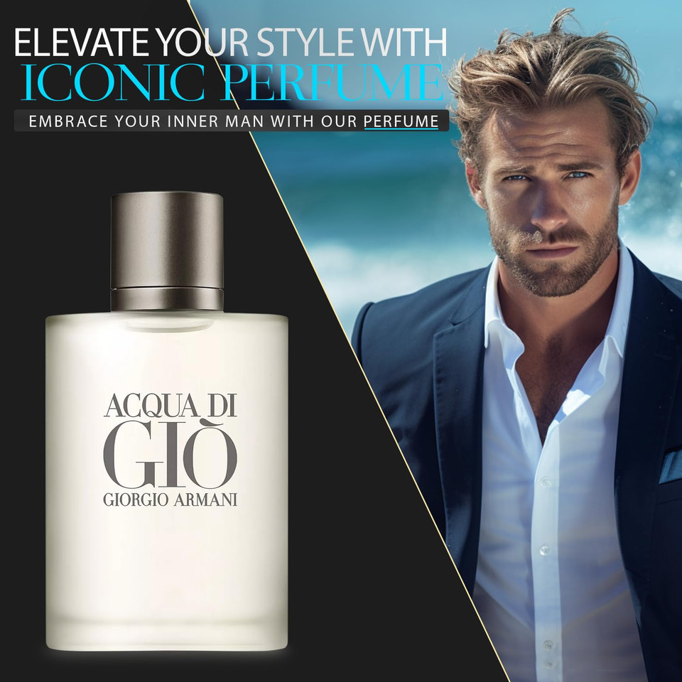 Acqua Di Gio Cologne For Men 3.4 Oz.Edt Tester Spray - Gift Set Pack With Lavender Soy Candle, Car Air Fresheners, And Empty Travel Perfume Atomizer