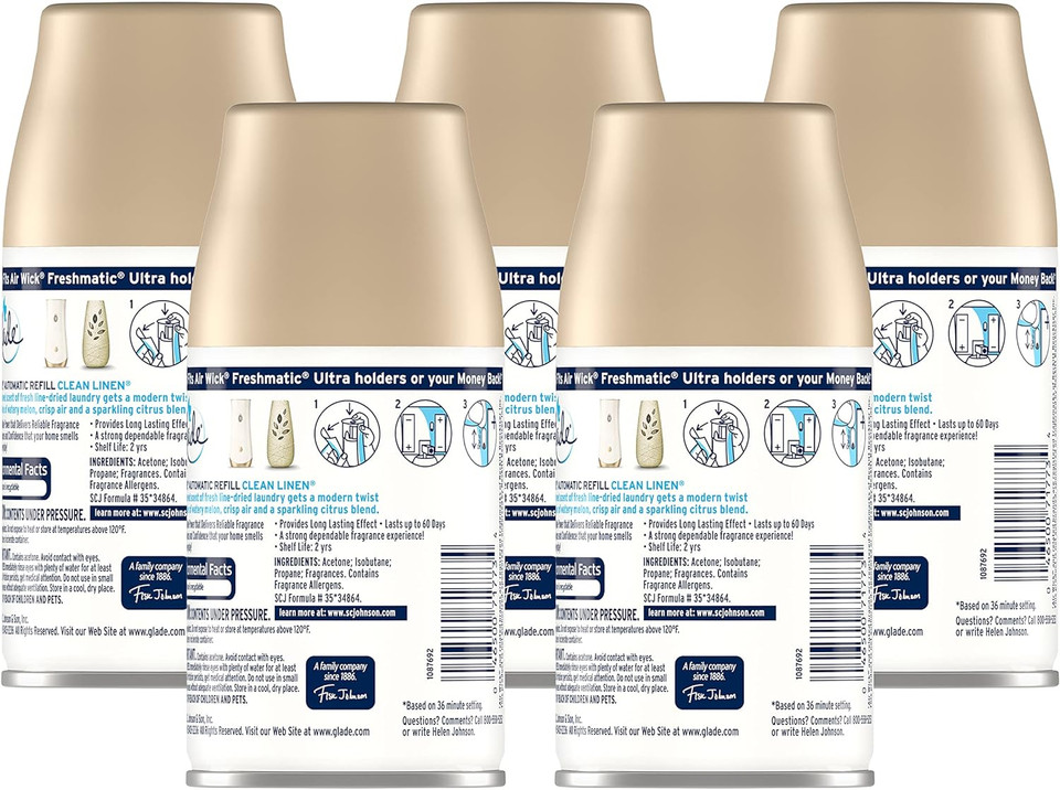 5 Glade Automatic Spray Air Freshener Refill, Clean Linen, 6.2 Ounce (Pack Of 5)