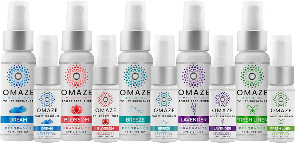 Mist N Go Refresh Toilet Spray - Bathroom Spray Odor Eliminator - Toilet Smell Eliminator Deodorizer - Bathroom Smell Good Spray Women Men Odor Neutralizer Spray Fresheners - Breeze + Dream + Lavender + Fresh Linen + Blossom (2Oz + 0.68Oz) X5