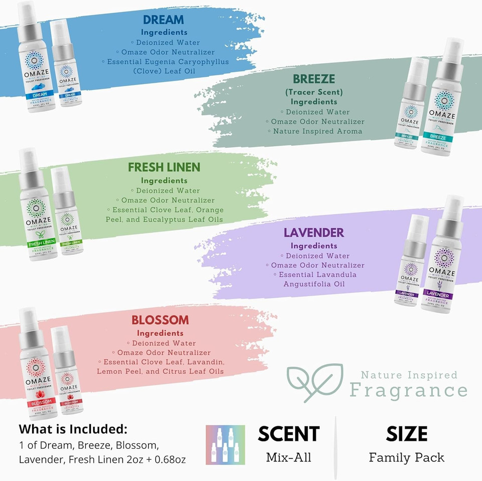 Mist N Go Refresh Toilet Spray - Bathroom Spray Odor Eliminator - Toilet Smell Eliminator Deodorizer - Bathroom Smell Good Spray Women Men Odor Neutralizer Spray Fresheners - Breeze + Dream + Lavender + Fresh Linen + Blossom (2Oz + 0.68Oz) X5