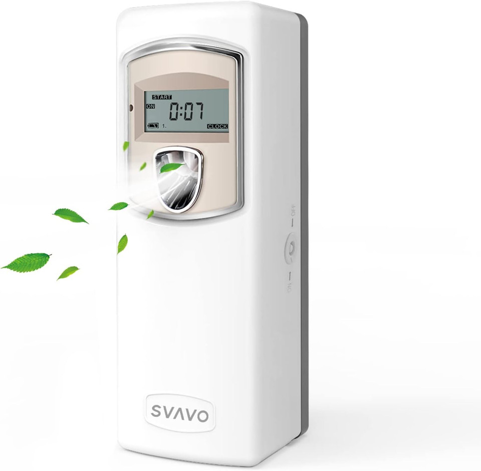 Svavo Automatic Lcd Fragrance Dispenser - Wall Mount/Free Standing Abs Auto Air Freshener Dispenser Programmable Aerosol Spray Perfume Dispenser For Bathroom, Hotel, Office, Commercial Place, White