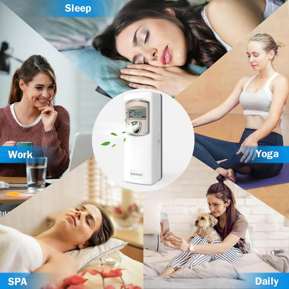 Svavo Automatic Lcd Fragrance Dispenser - Wall Mount/Free Standing Abs Auto Air Freshener Dispenser Programmable Aerosol Spray Perfume Dispenser For Bathroom, Hotel, Office, Commercial Place, White