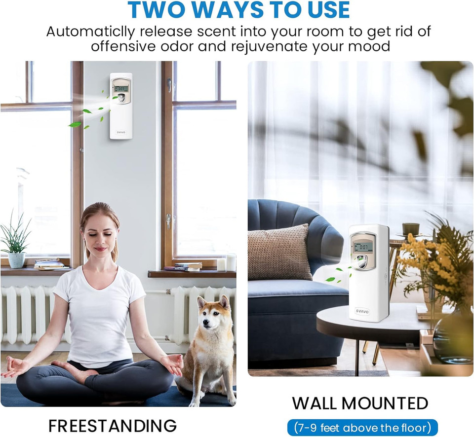 Svavo Automatic Lcd Fragrance Dispenser - Wall Mount/Free Standing Abs Auto Air Freshener Dispenser Programmable Aerosol Spray Perfume Dispenser For Bathroom, Hotel, Office, Commercial Place, White
